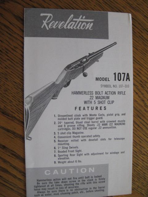 Revelation 107A .22 Mag Instruction Folder manual